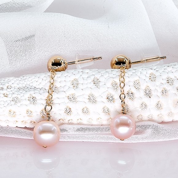 Blush Pearl Dainty Drop Earrings, 14K Gold Filled Ball Post Studs - Picture 5 of 10